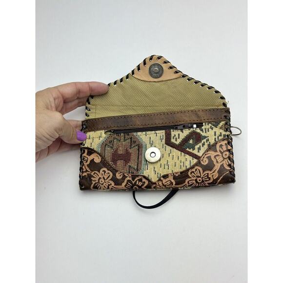 Handmade Brown‎ Leather Tooled Wallet Fabric Aztec print - Picture 4 of 5